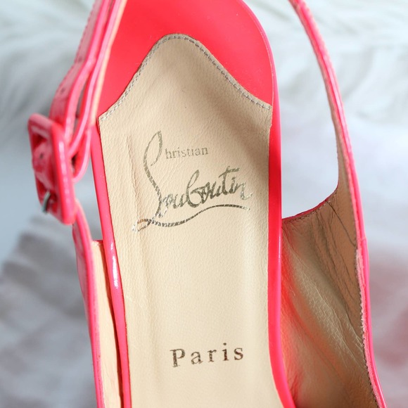 Christian Louboutin Une Plume Hot Pink Neon Patent Leather Cork Sandal Wedges - Picture 4 of 14